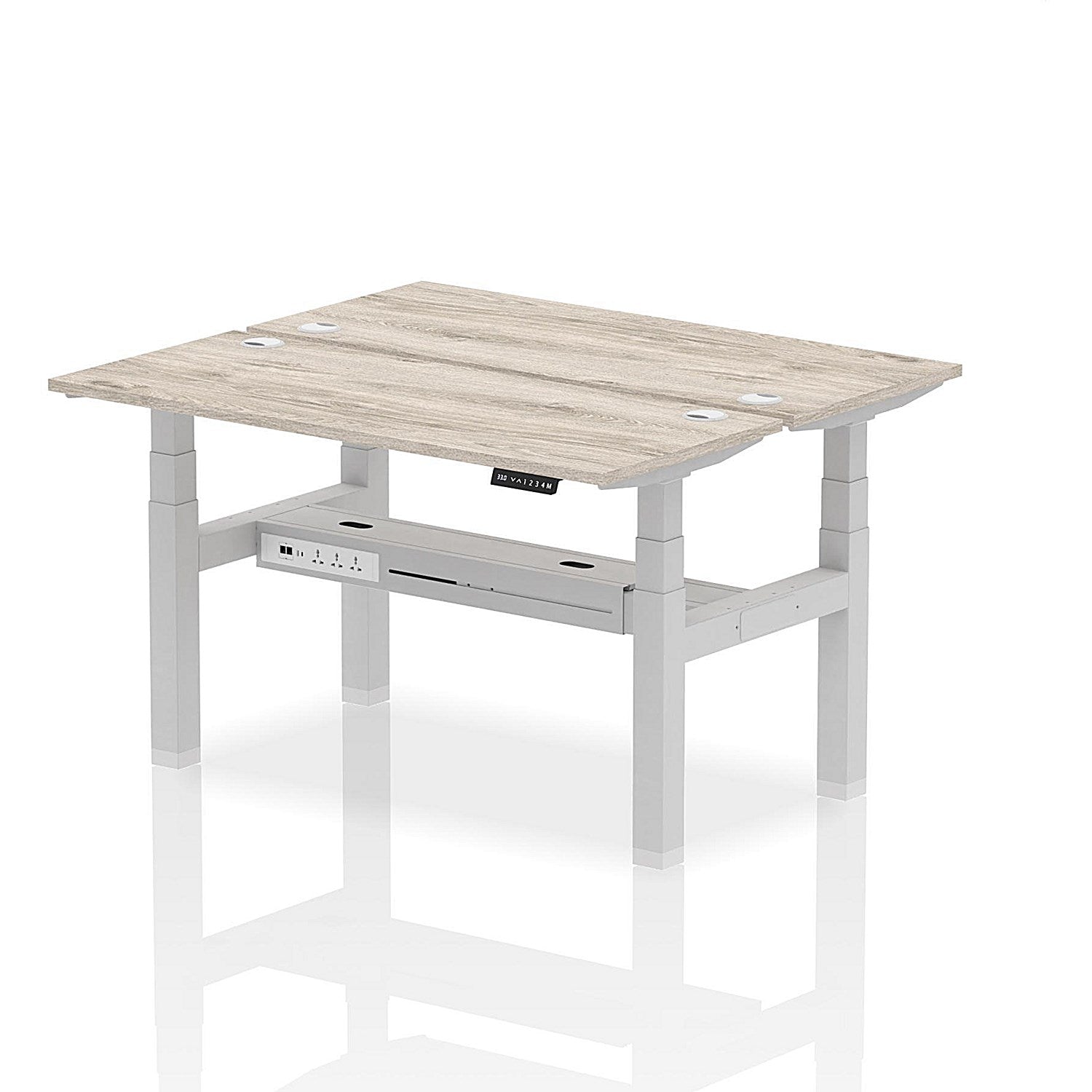 Air 2 Person Sit-Standing Bench Desk, Back to Back, 2 x 1400mm (600mm Deep), Silver Frame, Grey Oak Easy2Order : HA01862