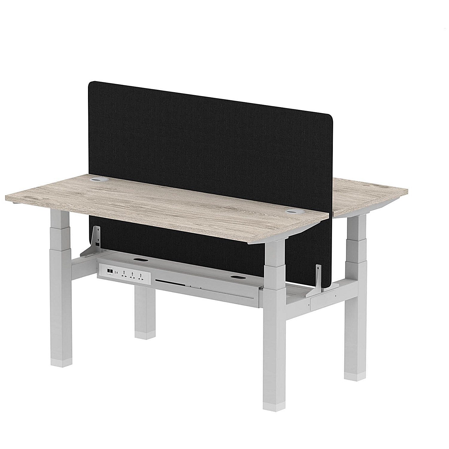Air 2 Person Sit-Standing Bench Desk with Black Straight Screen, Back to Back, 2 x 1400mm (600mm Deep), Silver Frame, Grey Oak Easy2Order : HA01863