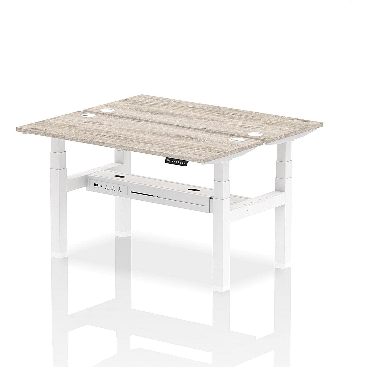 Air 2 Person Sit-Standing Bench Desk, Back to Back, 2 x 1400mm (600mm Deep), White Frame, Grey Oak Easy2Order : HA01864