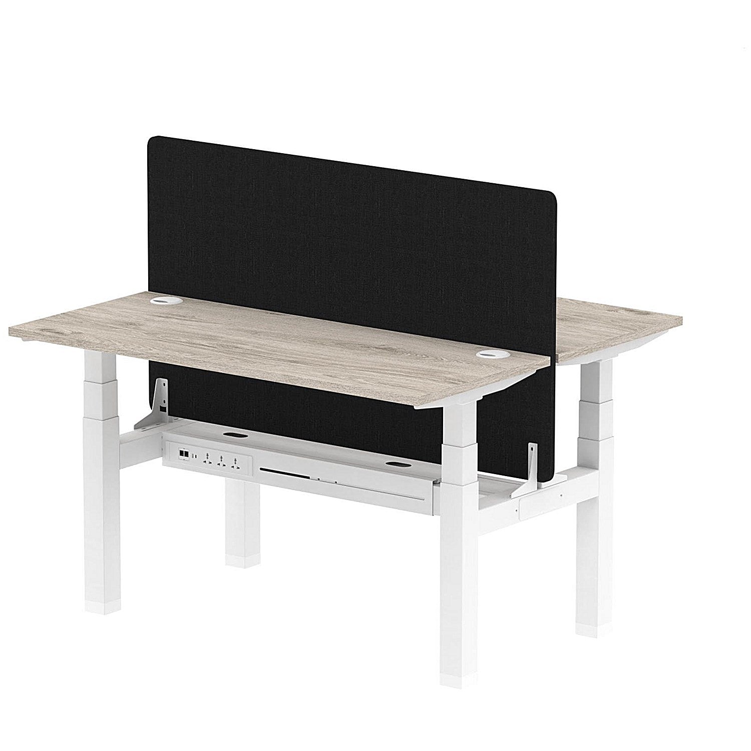 Air 2 Person Sit-Standing Bench Desk with Black Straight Screen, Back to Back, 2 x 1400mm (600mm Deep), White Frame, Grey Oak Easy2Order : HA01865