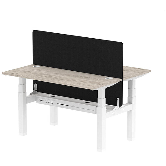 Air 2 Person Sit-Standing Bench Desk with Black Straight Screen, Back to Back, 2 x 1400mm (600mm Deep), White Frame, Grey Oak Easy2Order : HA01865