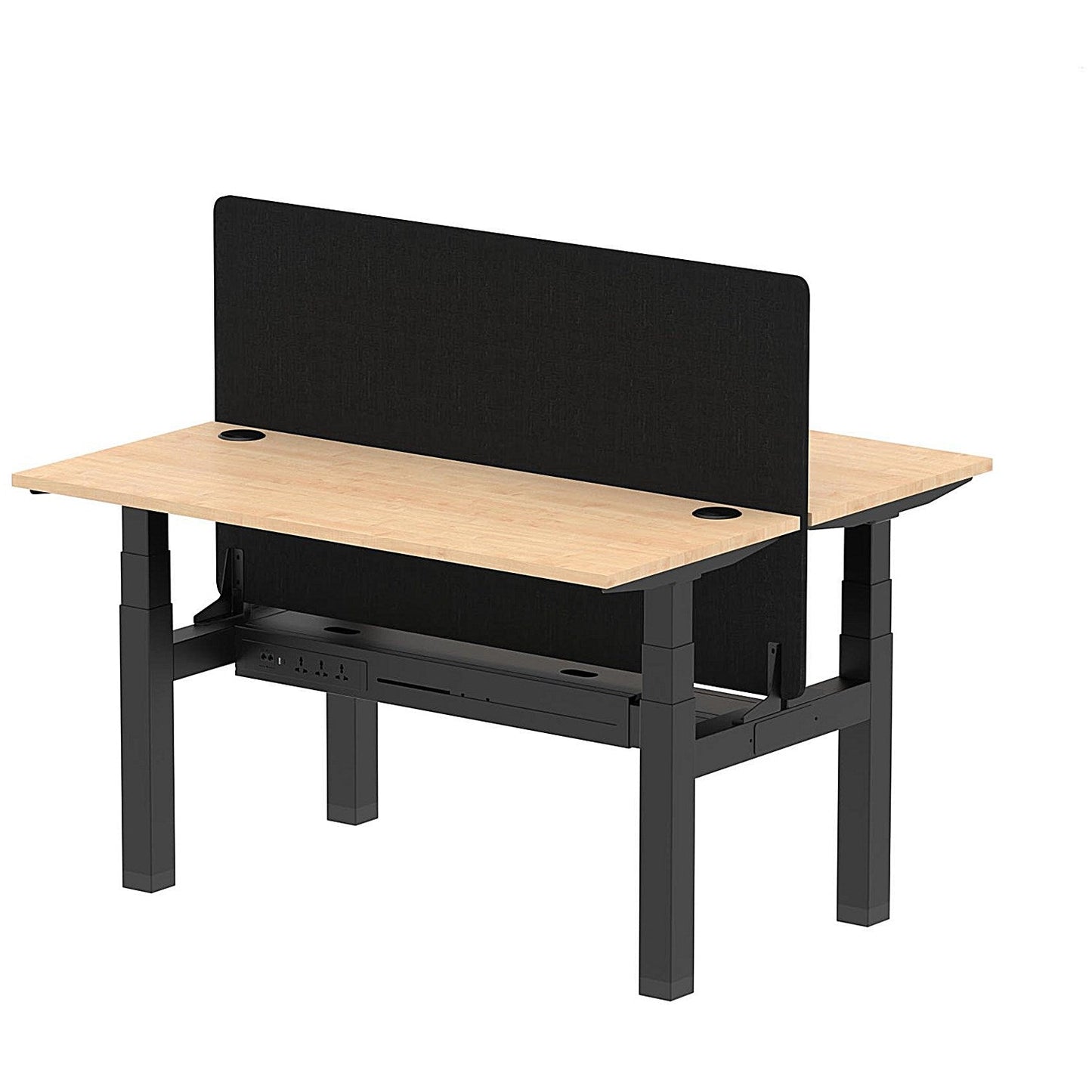 Air 2 Person Sit-Standing Bench Desk with Black Straight Screen, Back to Back, 2 x 1400mm (600mm Deep), Black Frame, Maple Easy2Order : HA01867