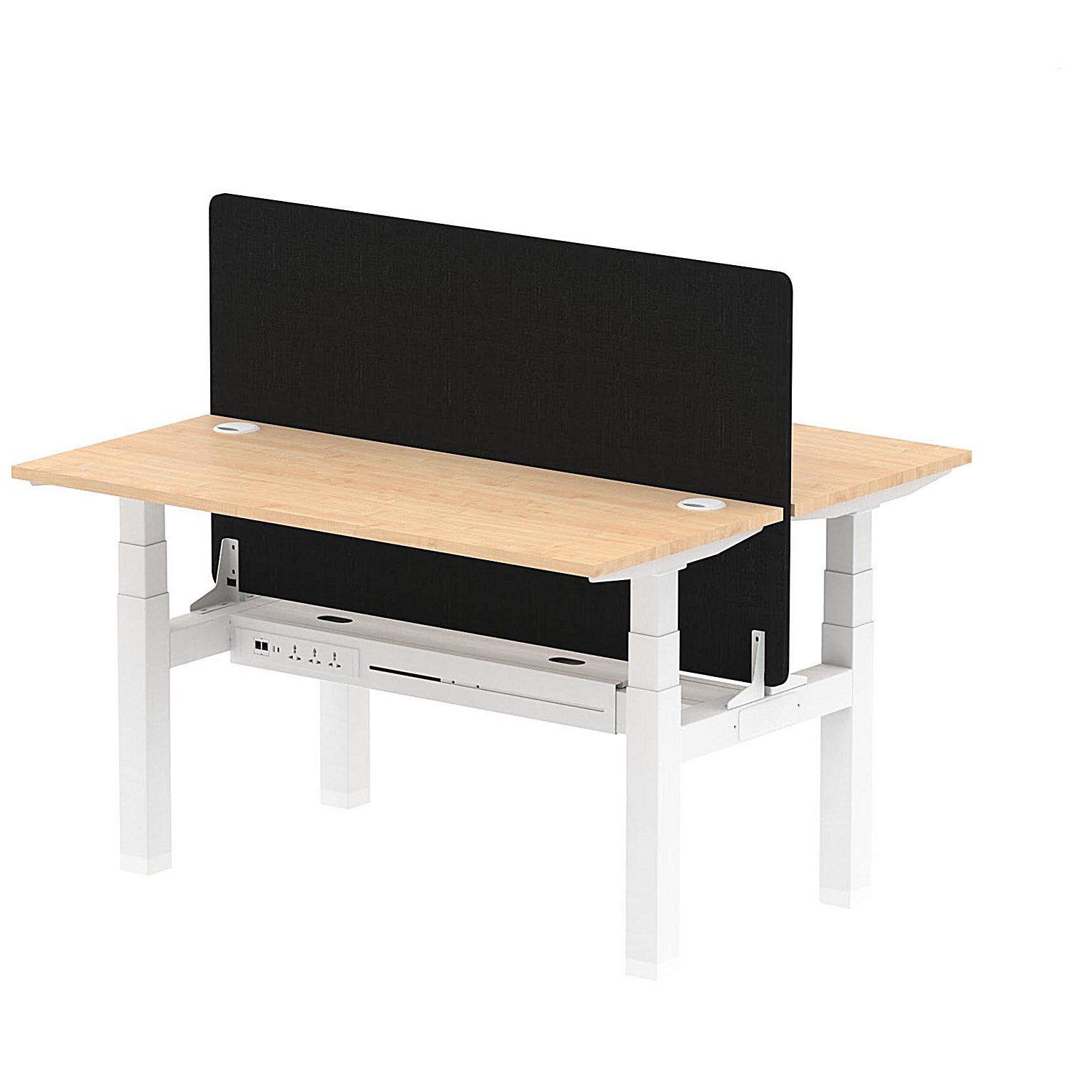 Air 2 Person Sit-Standing Bench Desk with Black Straight Screen, Back to Back, 2 x 1400mm (600mm Deep), White Frame, Maple Easy2Order : HA01871