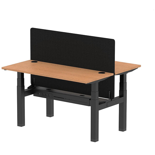 Air 2 Person Sit-Standing Bench Desk with Black Straight Screen, Back to Back, 2 x 1400mm (600mm Deep), Black Frame, Oak Easy2Order : HA01873