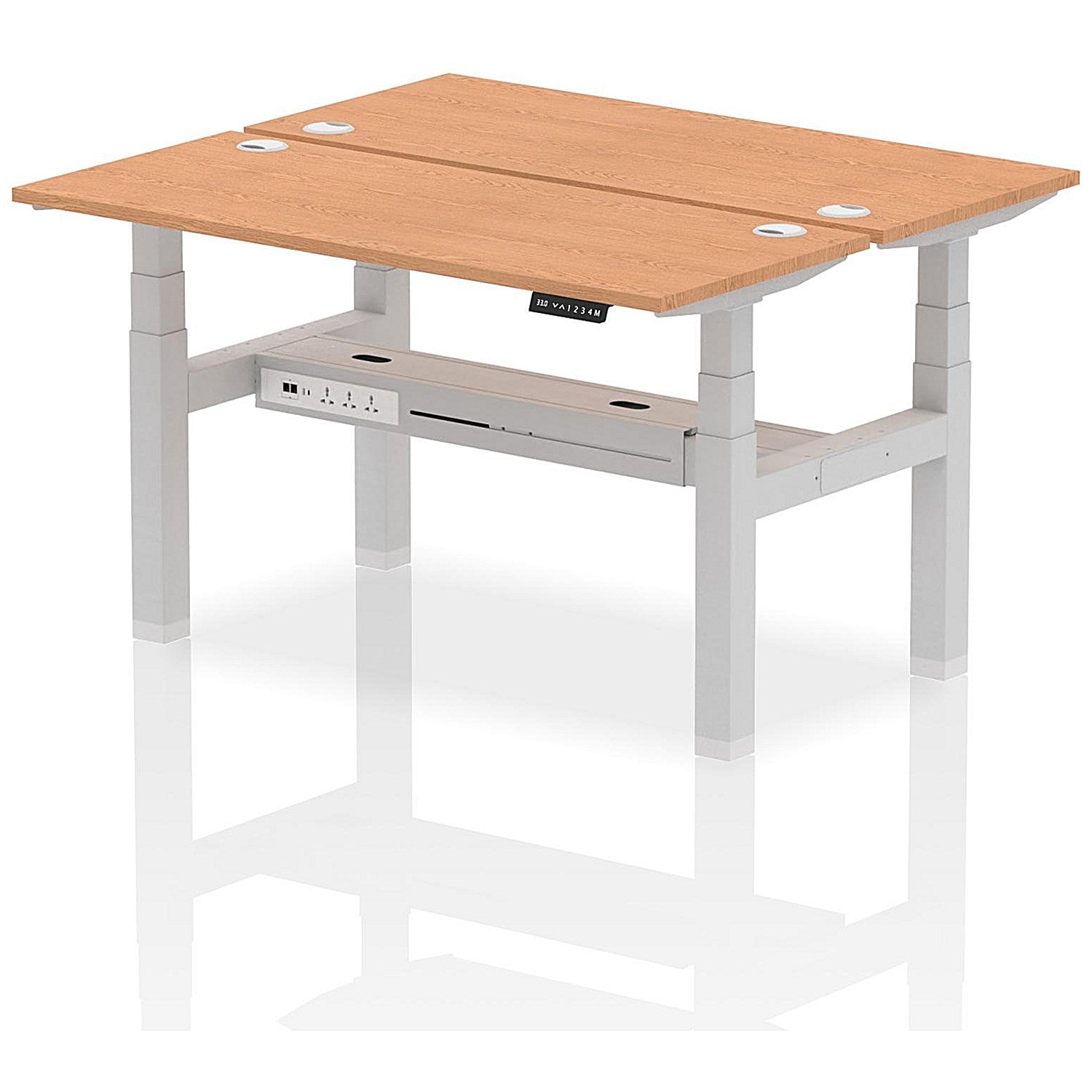 Air 2 Person Sit-Standing Bench Desk, Back to Back, 2 x 1400mm (600mm Deep), Silver Frame, Oak Easy2Order : HA01874