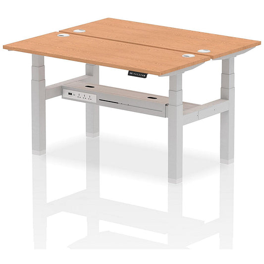 Air 2 Person Sit-Standing Bench Desk, Back to Back, 2 x 1400mm (600mm Deep), Silver Frame, Oak Easy2Order : HA01874