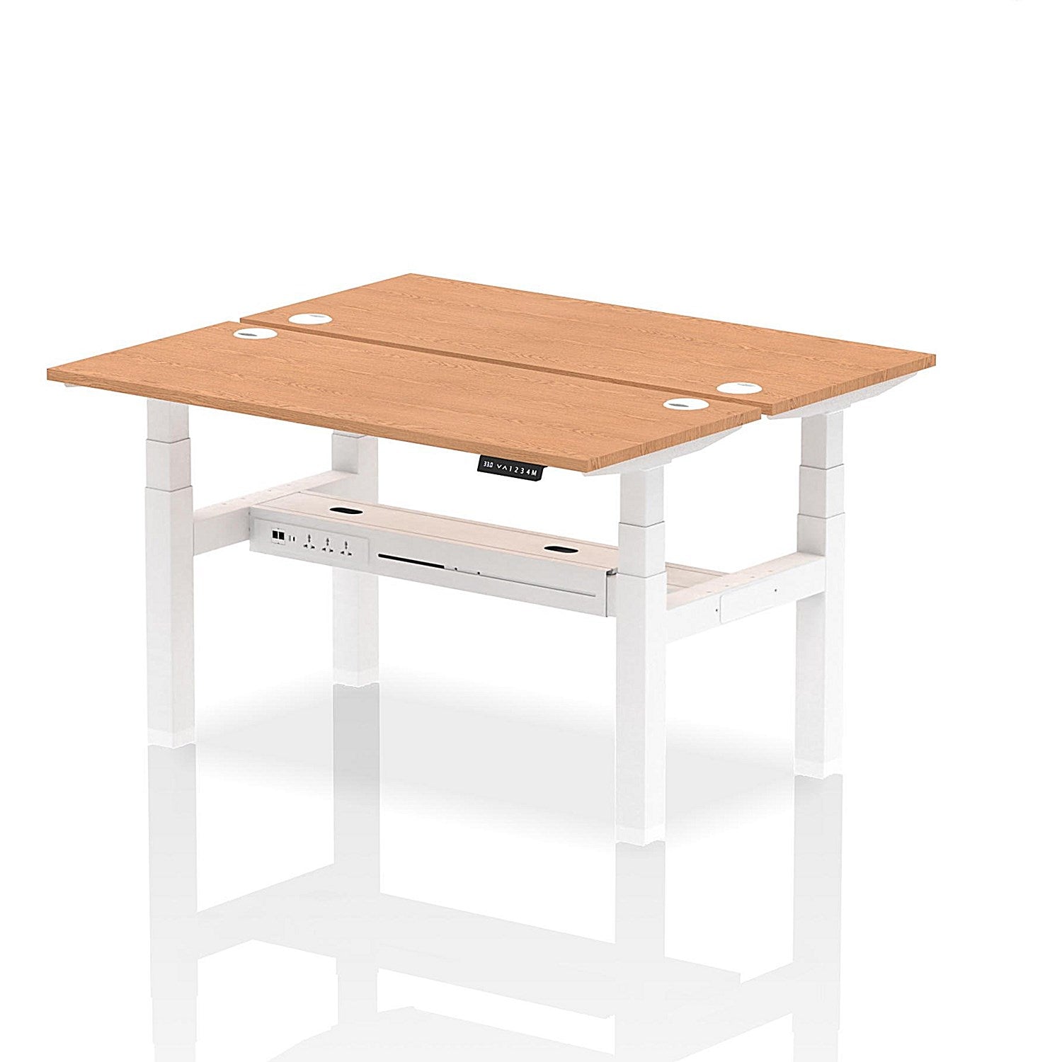 Air 2 Person Sit-Standing Bench Desk, Back to Back, 2 x 1400mm (600mm Deep), White Frame, Oak Easy2Order : HA01876