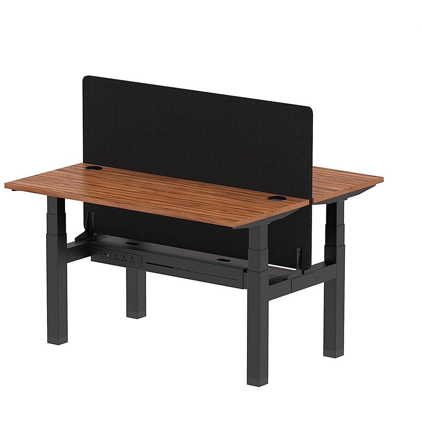 Air 2 Person Sit-Standing Bench Desk with Black Straight Screen, Back to Back, 2 x 1400mm (600mm Deep), Black Frame, Walnut Easy2Order : HA01879