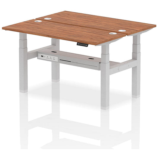 Air 2 Person Sit-Standing Bench Desk, Back to Back, 2 x 1400mm (600mm Deep), Silver Frame, Walnut Easy2Order : HA01880