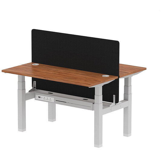 Air 2 Person Sit-Standing Bench Desk with Black Straight Screen, Back to Back, 2 x 1400mm (600mm Deep), Silver Frame, Walnut Easy2Order : HA01881