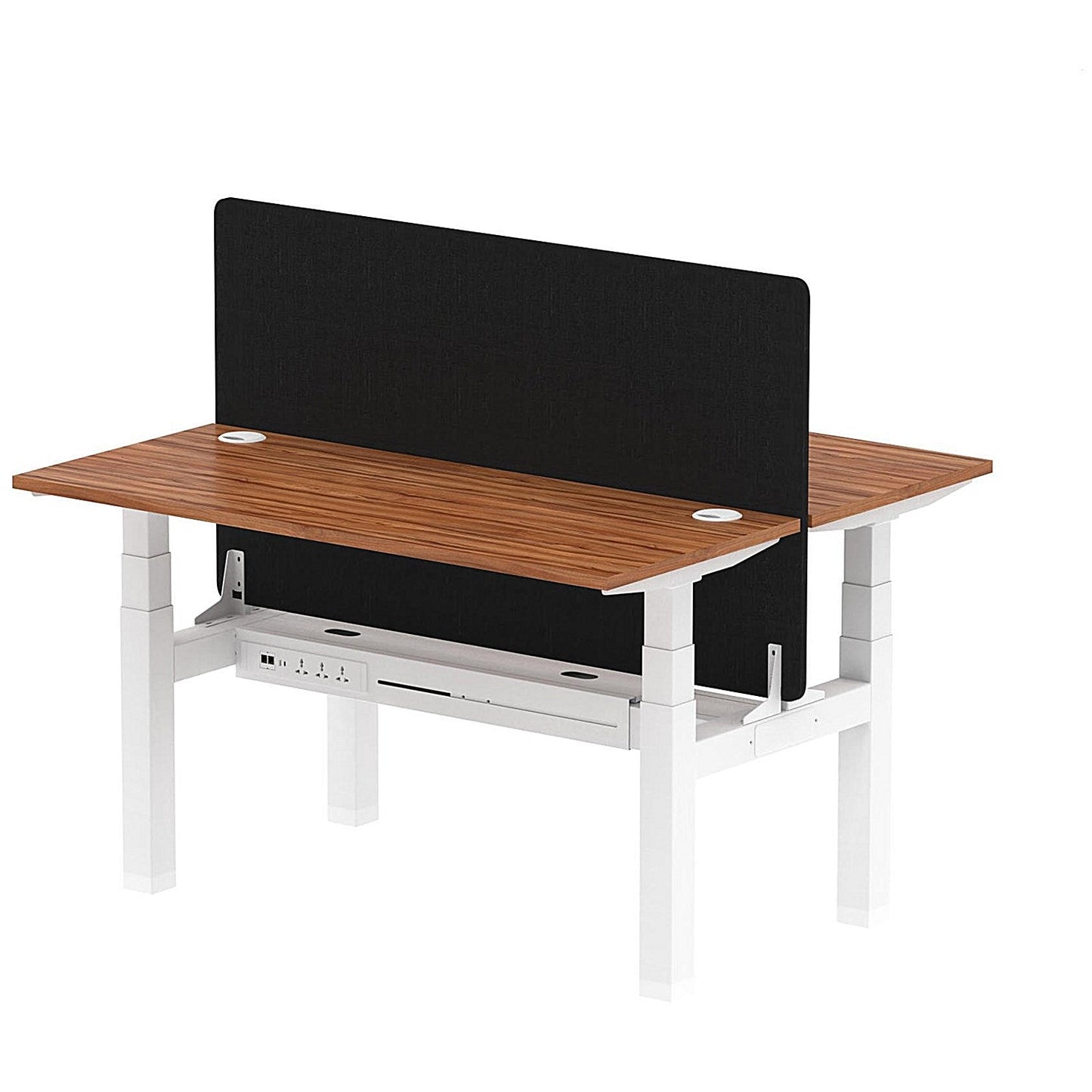 Air 2 Person Sit-Standing Bench Desk with Black Straight Screen, Back to Back, 2 x 1400mm (600mm Deep), White Frame, Walnut Easy2Order : HA01883