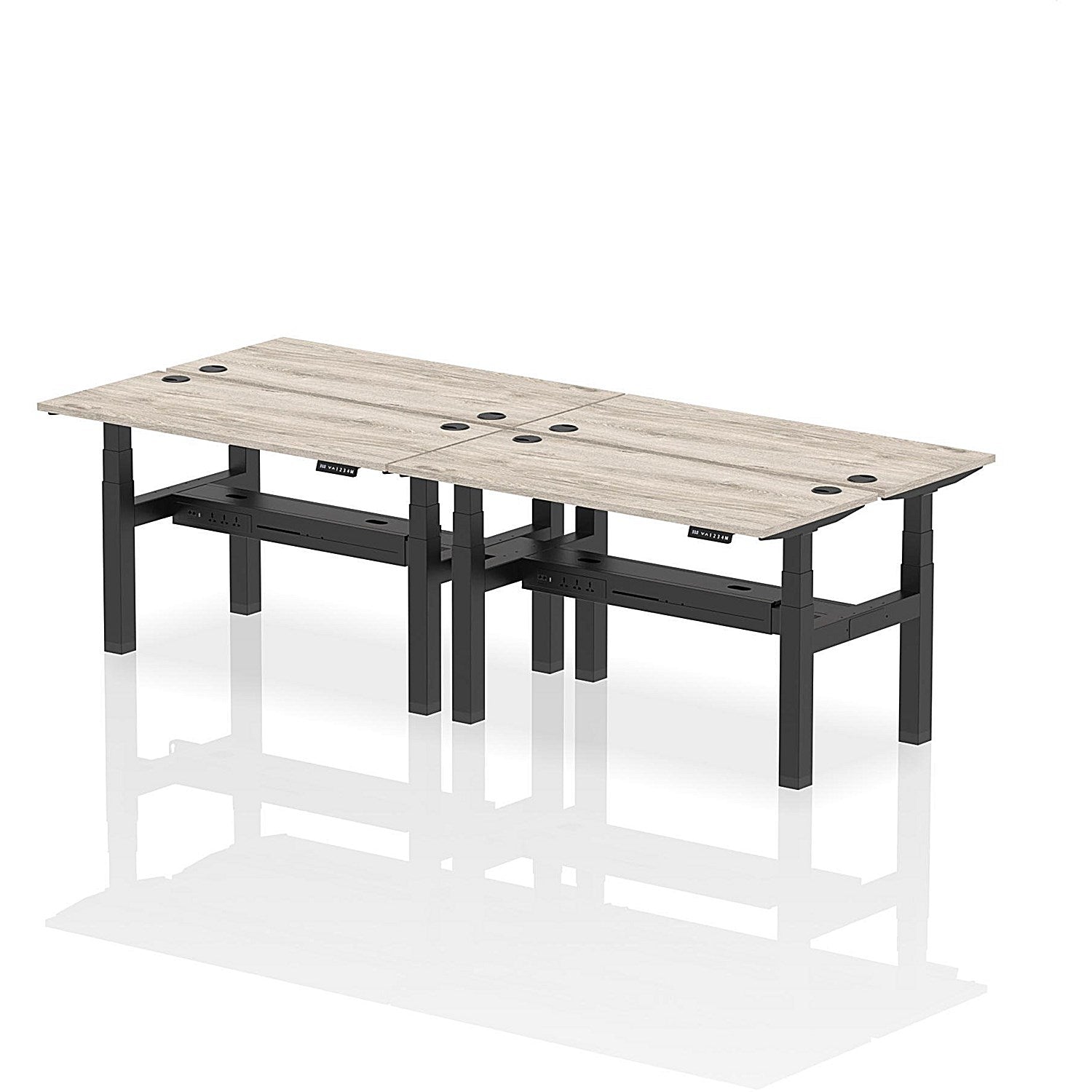 Air 4 Person Sit-Standing Bench Desk, Back to Back, 4 x 1400mm (600mm Deep), Black Frame, Grey Oak Easy2Order : HA01896