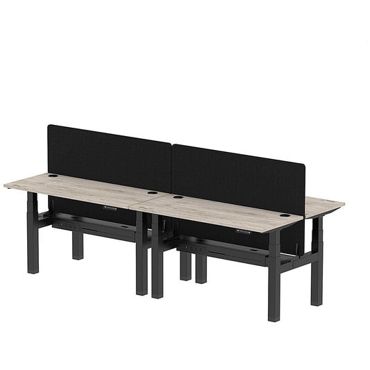 Air 4 Person Sit-Standing Bench Desk with Black Straight Screen, Back to Back, 4 x 1400mm (600mm Deep), Black Frame, Grey Oak Easy2Order : HA01897