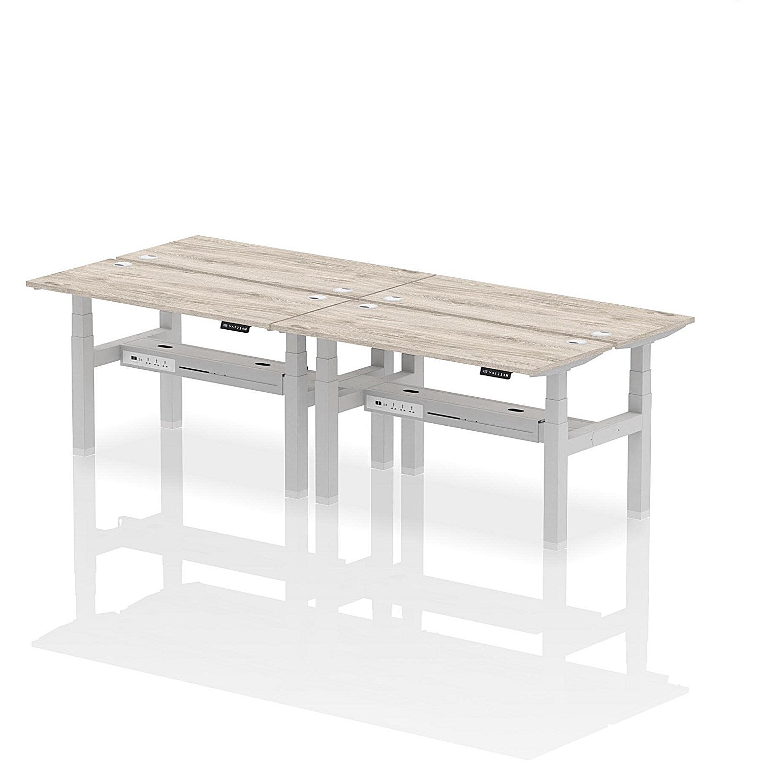 Air 4 Person Sit-Standing Bench Desk, Back to Back, 4 x 1400mm (600mm Deep), Silver Frame, Grey Oak Easy2Order : HA01898