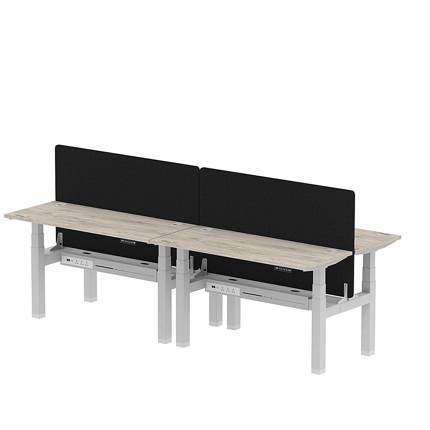 Air 4 Person Sit-Standing Bench Desk with Black Straight Screen, Back to Back, 4 x 1400mm (600mm Deep), Silver Frame, Grey Oak Easy2Order : HA01899