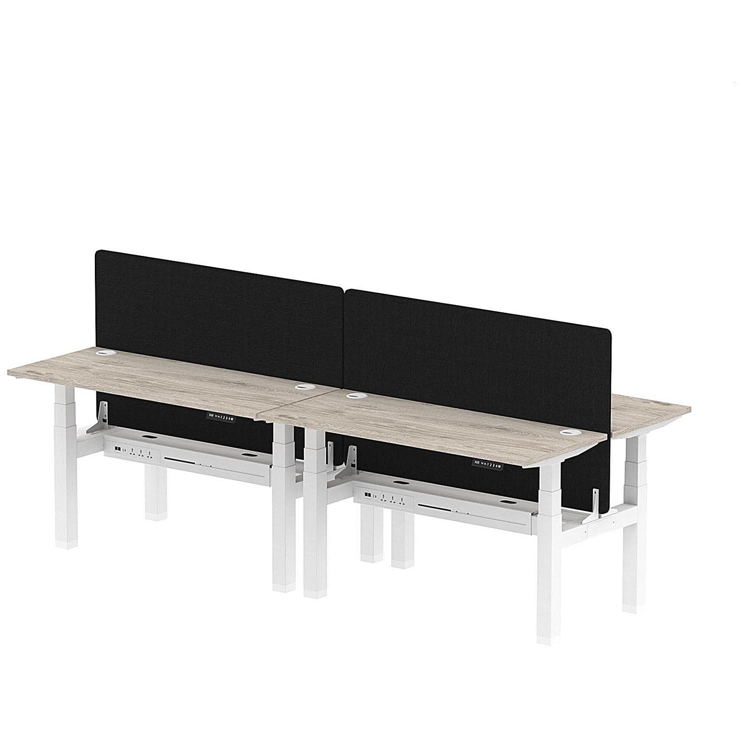 Air 4 Person Sit-Standing Bench Desk with Black Straight Screen, Back to Back, 4 x 1400mm (600mm Deep), White Frame, Grey Oak Easy2Order : HA01901