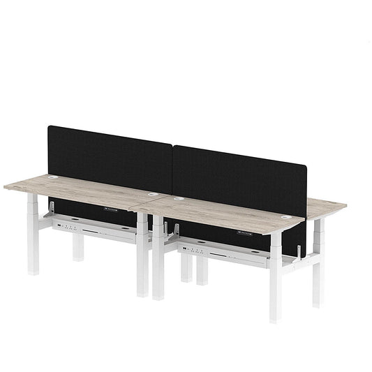 Air 4 Person Sit-Standing Bench Desk with Black Straight Screen, Back to Back, 4 x 1400mm (600mm Deep), White Frame, Grey Oak Easy2Order : HA01901