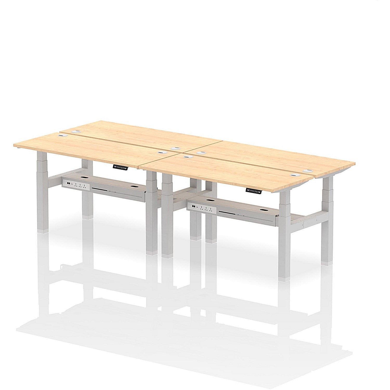 Air 4 Person Sit-Standing Bench Desk, Back to Back, 4 x 1400mm (600mm Deep), Silver Frame, Maple Easy2Order : HA01904