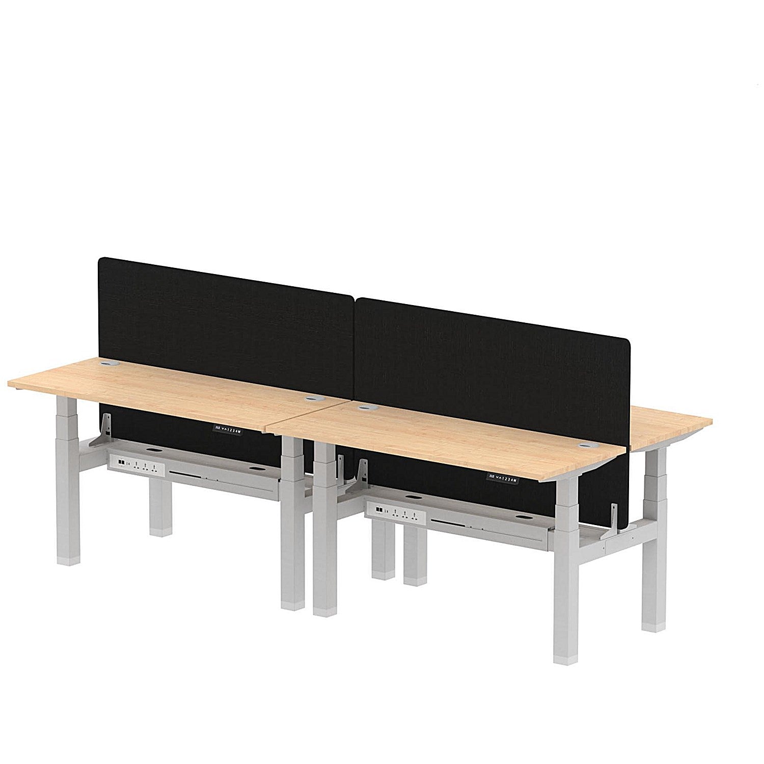 Air 4 Person Sit-Standing Bench Desk with Black Straight Screen, Back to Back, 4 x 1400mm (600mm Deep), Silver Frame, Maple Easy2Order : HA01905