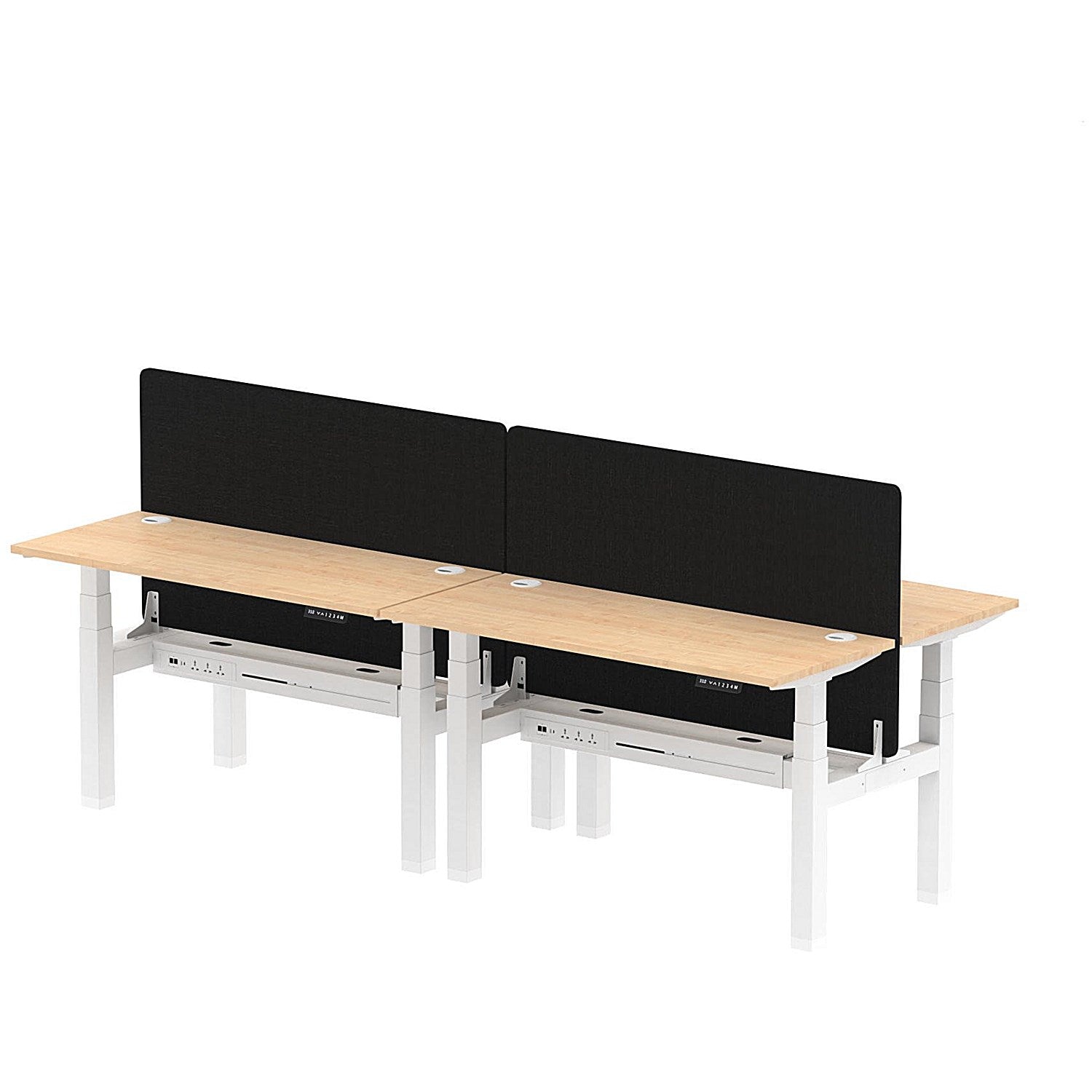 Air 4 Person Sit-Standing Bench Desk with Black Straight Screen, Back to Back, 4 x 1400mm (600mm Deep), White Frame, Maple Easy2Order : HA01907