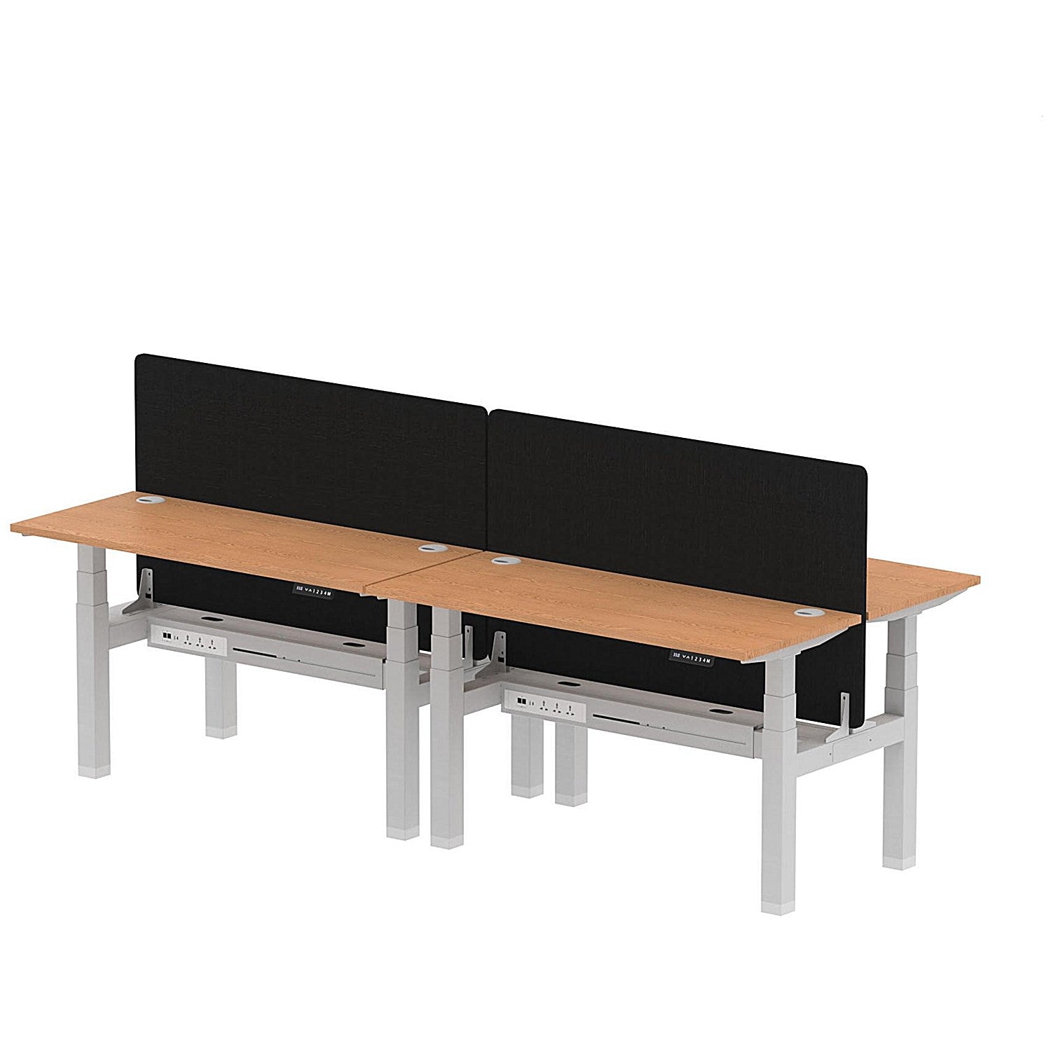 Air 4 Person Sit-Standing Bench Desk with Black Straight Screen, Back to Back, 4 x 1400mm (600mm Deep), Silver Frame, Oak Easy2Order : HA01911