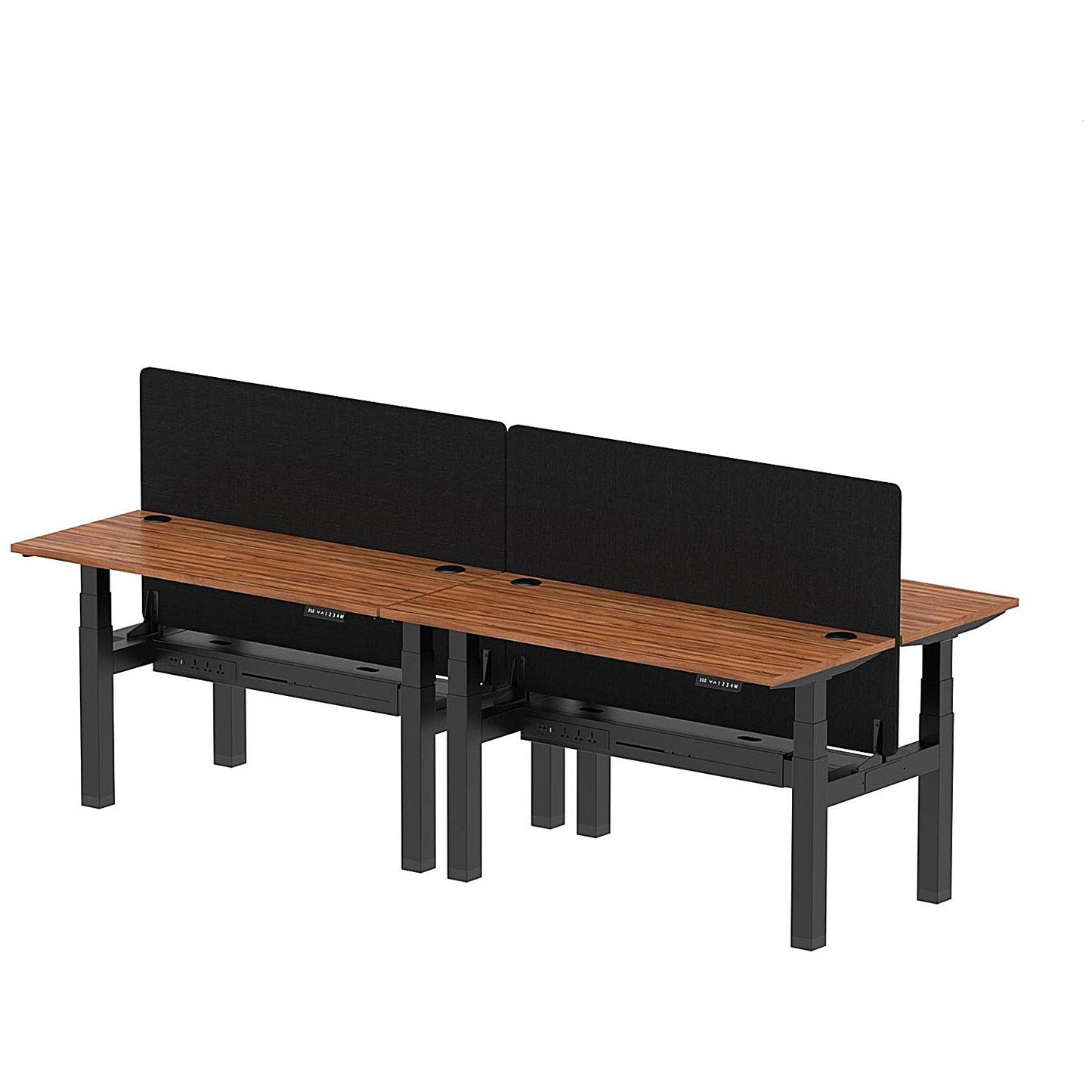 Air 4 Person Sit-Standing Bench Desk with Black Straight Screen, Back to Back, 4 x 1400mm (600mm Deep), Black Frame, Walnut Easy2Order : HA01915