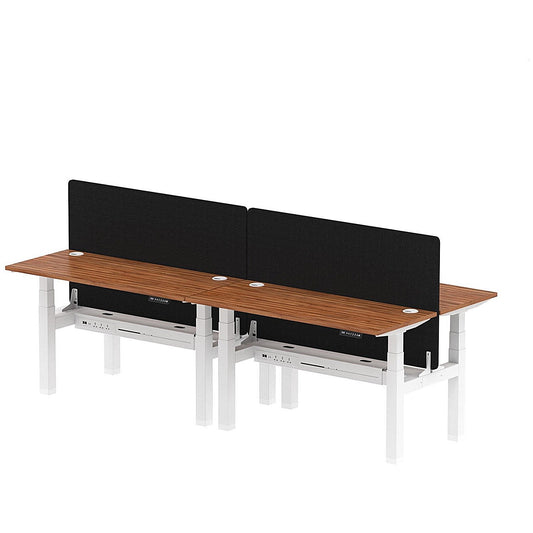 Air 4 Person Sit-Standing Bench Desk with Black Straight Screen, Back to Back, 4 x 1400mm (600mm Deep), White Frame, Walnut Easy2Order : HA01919