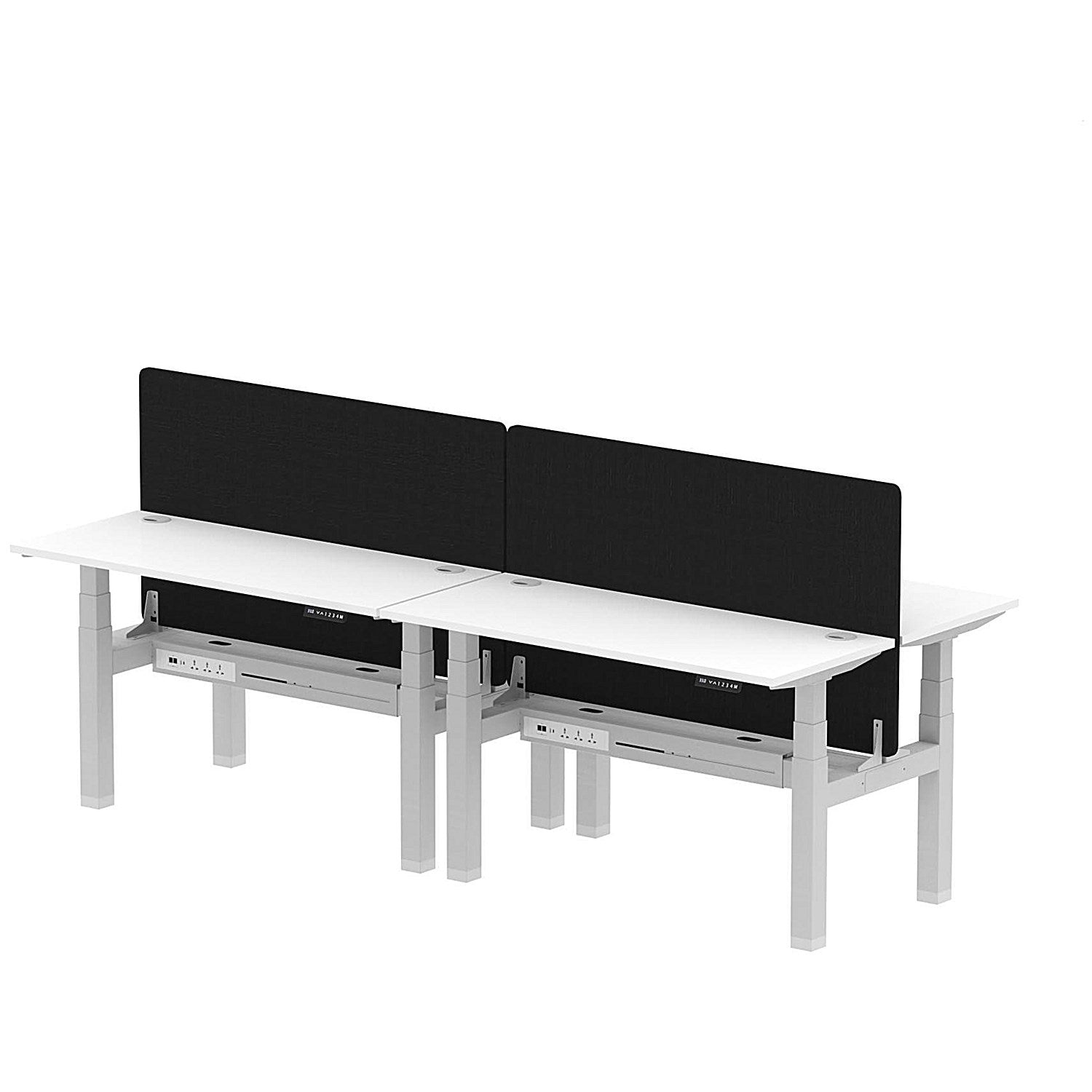 Air 4 Person Sit-Standing Bench Desk with Black Straight Screen, Back to Back, 4 x 1400mm (600mm Deep), Silver Frame, White Easy2Order : HA01923