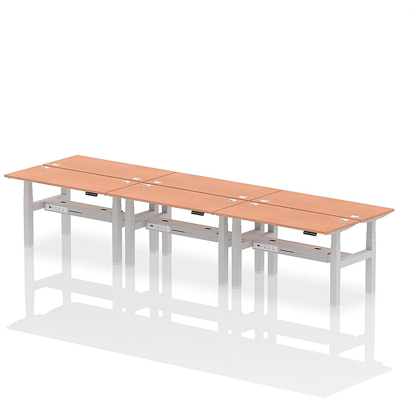 Air 6 Person Sit-Standing Bench Desk, Back to Back, 6 x 1400mm (600mm Deep), Silver Frame, Beech Easy2Order : HA01928