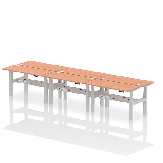 Air 6 Person Sit-Standing Bench Desk, Back to Back, 6 x 1400mm (600mm Deep), Silver Frame, Beech Easy2Order : HA01928
