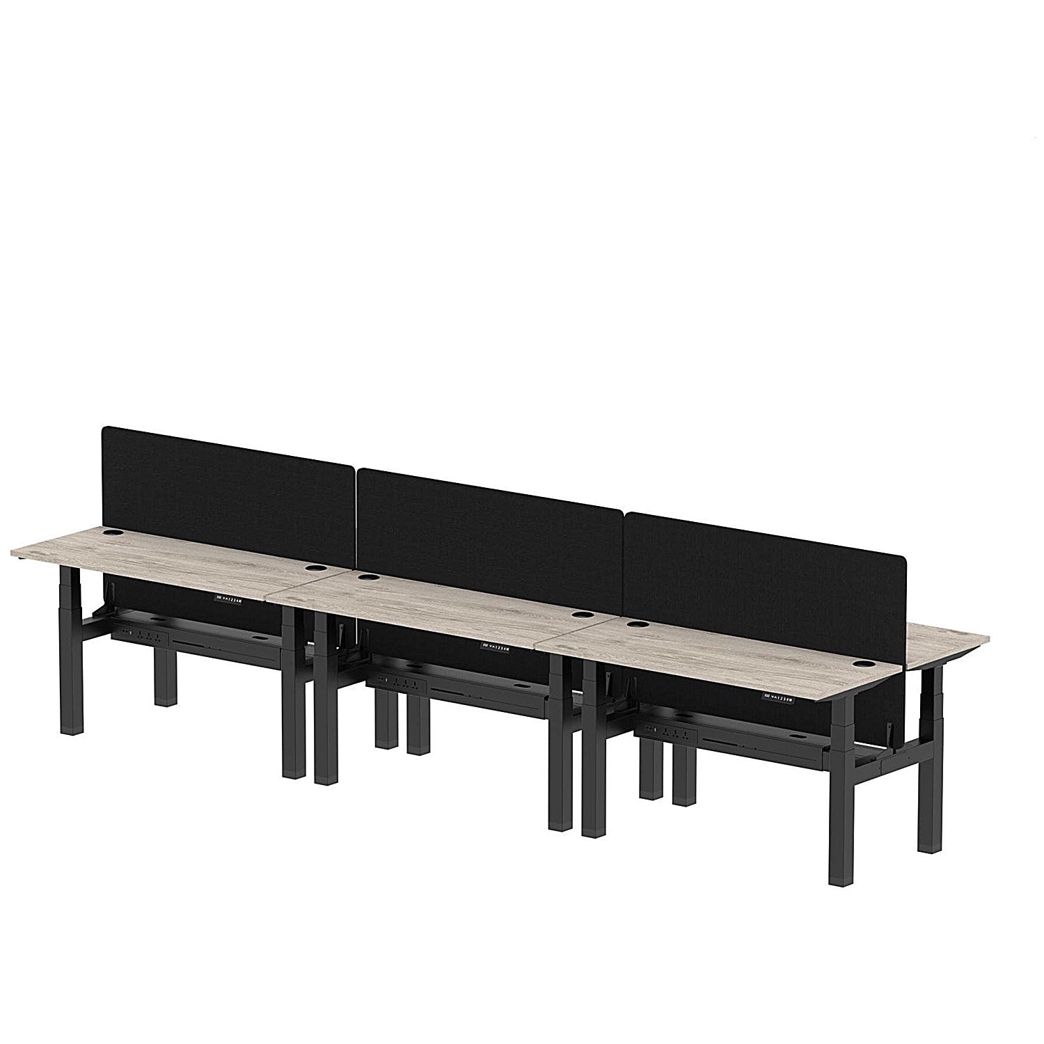 Air 6 Person Sit-Standing Bench Desk with Black Straight Screen, Back to Back, 6 x 1400mm (600mm Deep), Black Frame, Grey Oak Easy2Order : HA01933