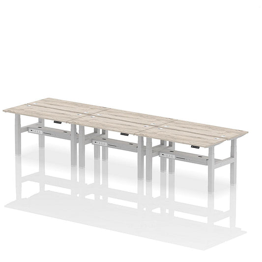 Air 6 Person Sit-Standing Bench Desk, Back to Back, 6 x 1400mm (600mm Deep), Silver Frame, Grey Oak Easy2Order : HA01934