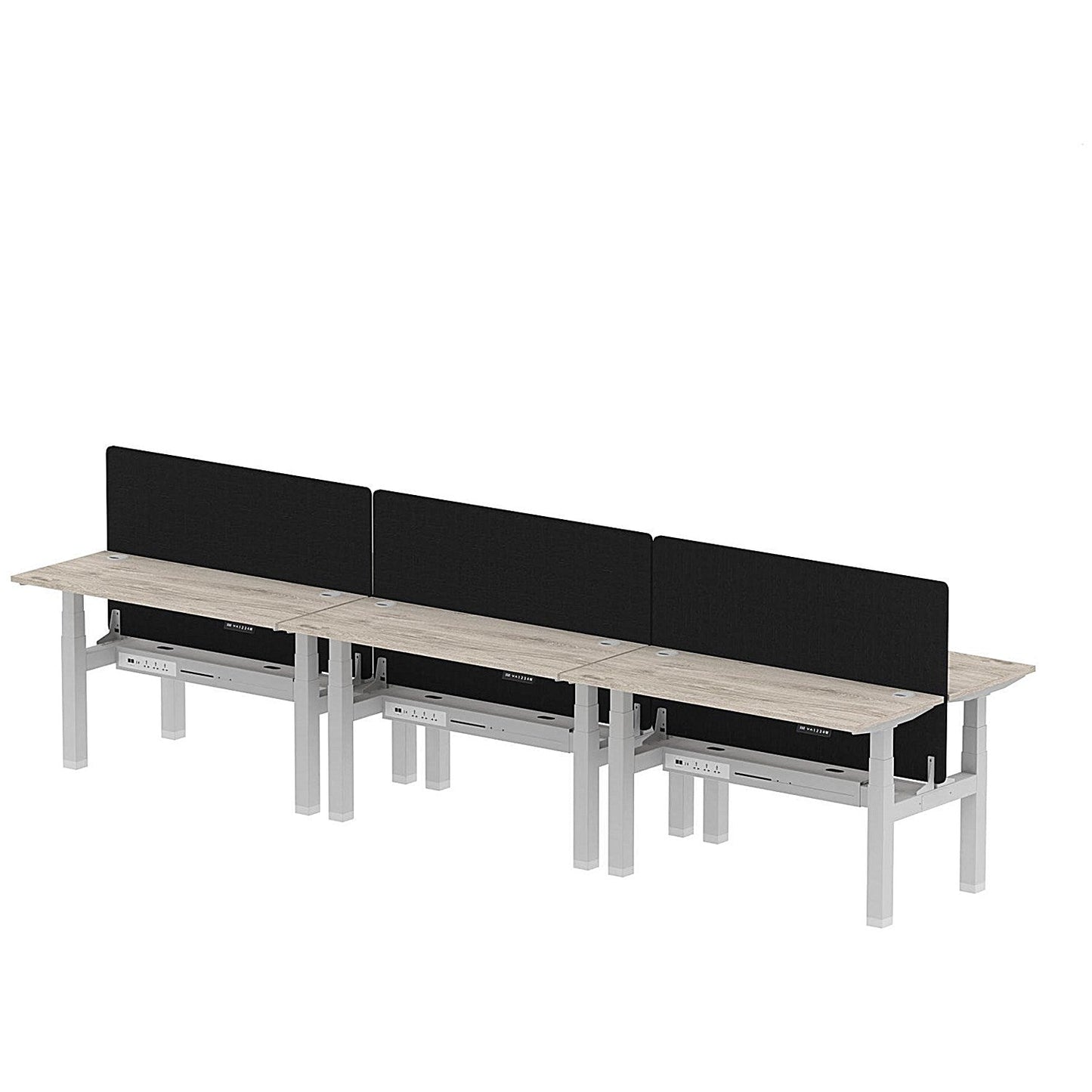 Air 6 Person Sit-Standing Bench Desk with Black Straight Screen, Back to Back, 6 x 1400mm (600mm Deep), Silver Frame, Grey Oak Easy2Order : HA01935