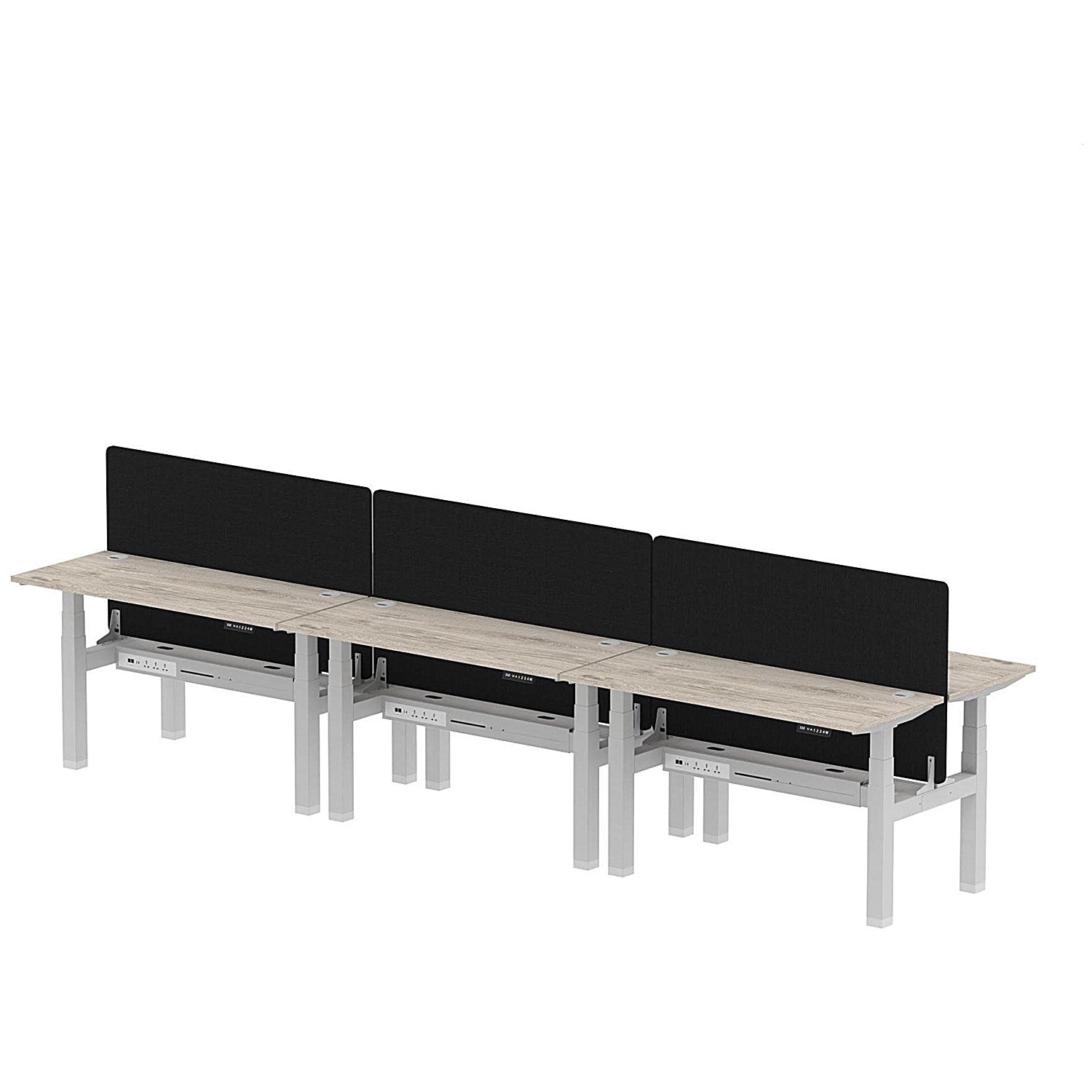 Air 6 Person Sit-Standing Bench Desk with Black Straight Screen, Back to Back, 6 x 1400mm (600mm Deep), Silver Frame, Grey Oak Easy2Order : HA01935