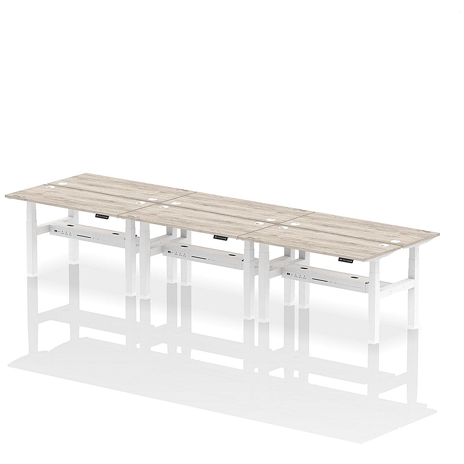 Air 6 Person Sit-Standing Bench Desk, Back to Back, 6 x 1400mm (600mm Deep), White Frame, Grey Oak Easy2Order : HA01936