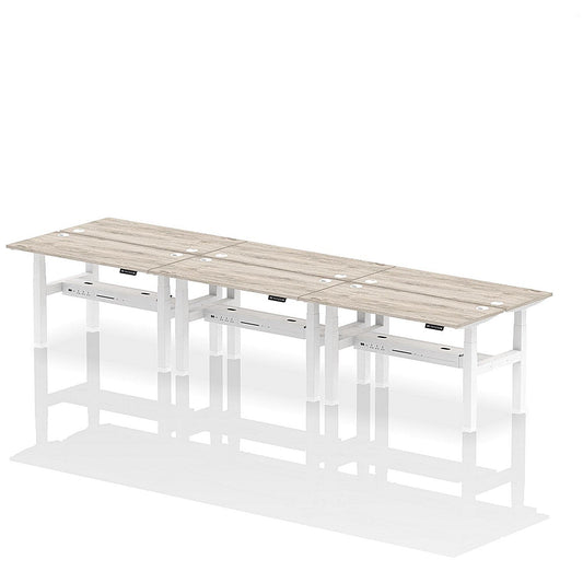 Air 6 Person Sit-Standing Bench Desk, Back to Back, 6 x 1400mm (600mm Deep), White Frame, Grey Oak Easy2Order : HA01936