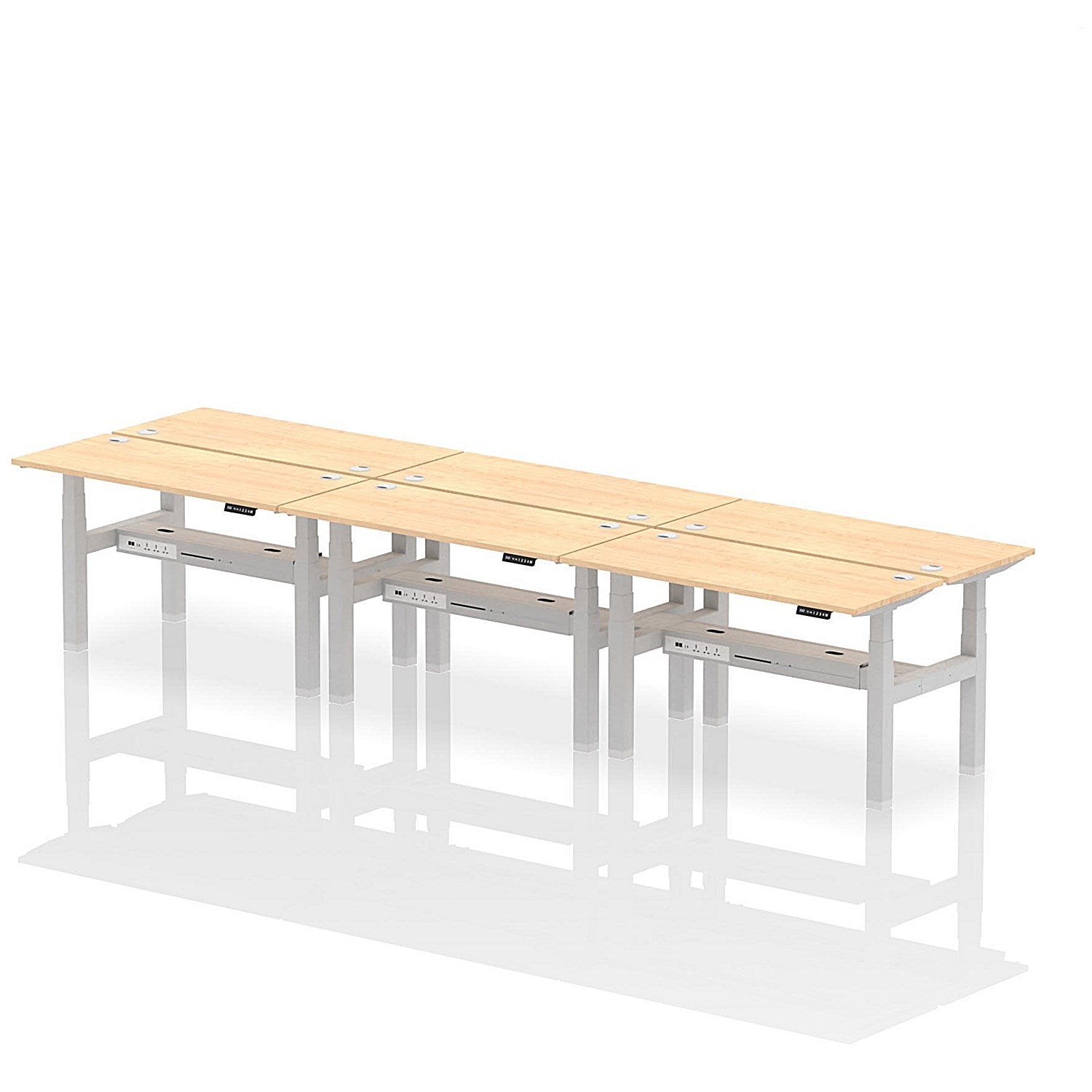 Air 6 Person Sit-Standing Bench Desk, Back to Back, 6 x 1400mm (600mm Deep), Silver Frame, Maple Easy2Order : HA01940