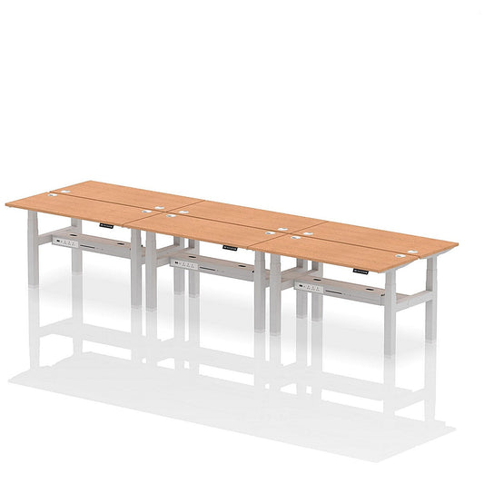Air 6 Person Sit-Standing Bench Desk, Back to Back, 6 x 1400mm (600mm Deep), Silver Frame, Oak Easy2Order : HA01946