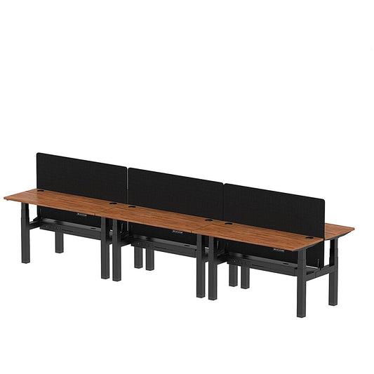 Air 6 Person Sit-Standing Bench Desk with Black Straight Screen, Back to Back, 6 x 1400mm (600mm Deep), Black Frame, Walnut Easy2Order : HA01951