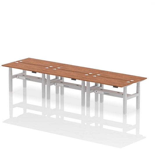 Air 6 Person Sit-Standing Bench Desk, Back to Back, 6 x 1400mm (600mm Deep), Silver Frame, Walnut Easy2Order : HA01952
