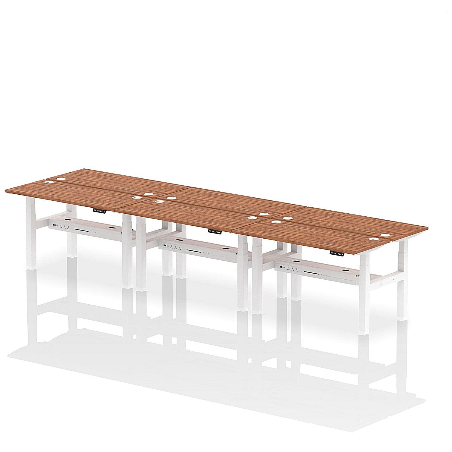 Air 6 Person Sit-Standing Bench Desk, Back to Back, 6 x 1400mm (600mm Deep), White Frame, Walnut Easy2Order : HA01954