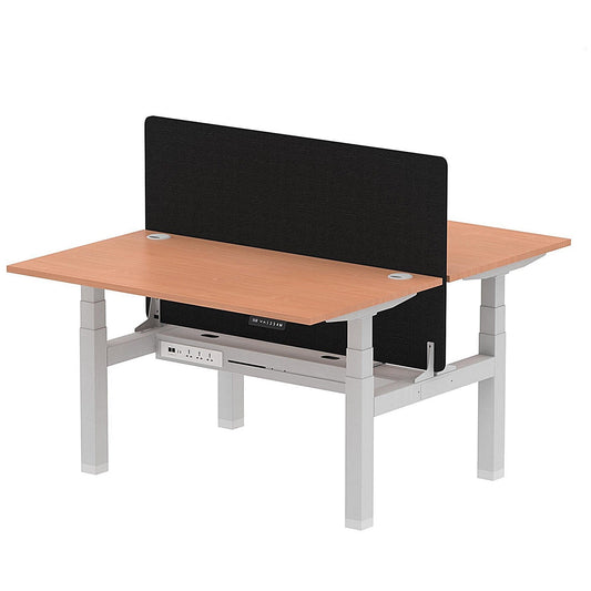 Air 2 Person Sit-Standing Bench Desk with Black Straight Screen, Back to Back, 2 x 1400mm (800mm Deep), Silver Frame, Beech Easy2Order : HA01965