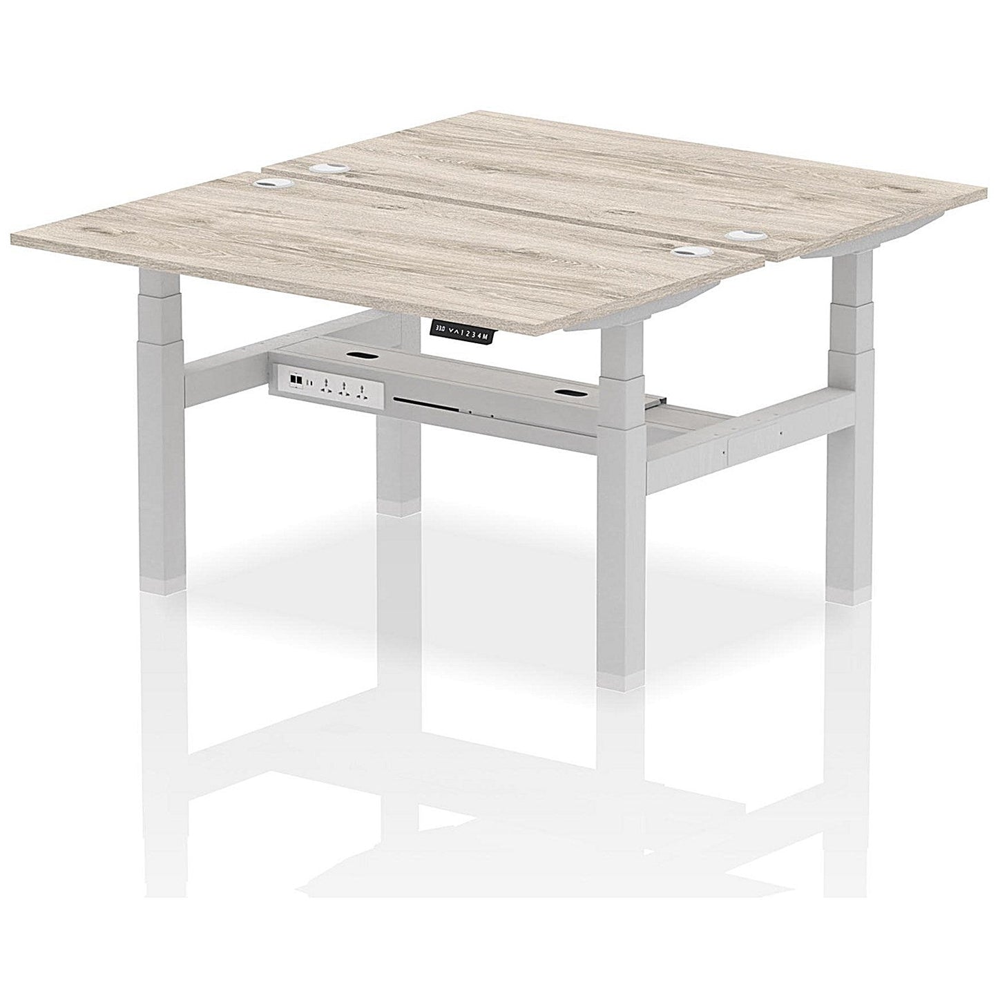 Air 2 Person Sit-Standing Bench Desk, Back to Back, 2 x 1400mm (800mm Deep), Silver Frame, Grey Oak Easy2Order : HA01976