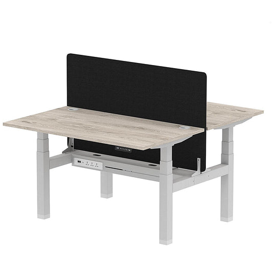 Air 2 Person Sit-Standing Bench Desk with Black Straight Screen, Back to Back, 2 x 1400mm (800mm Deep), Silver Frame, Grey Oak Easy2Order : HA01977