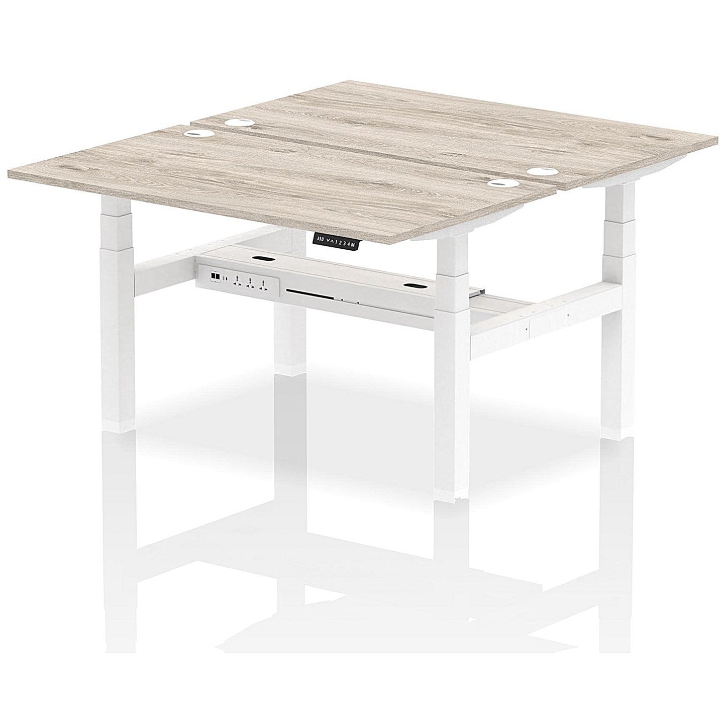 Air 2 Person Sit-Standing Bench Desk, Back to Back, 2 x 1400mm (800mm Deep), White Frame, Grey Oak Easy2Order : HA01978
