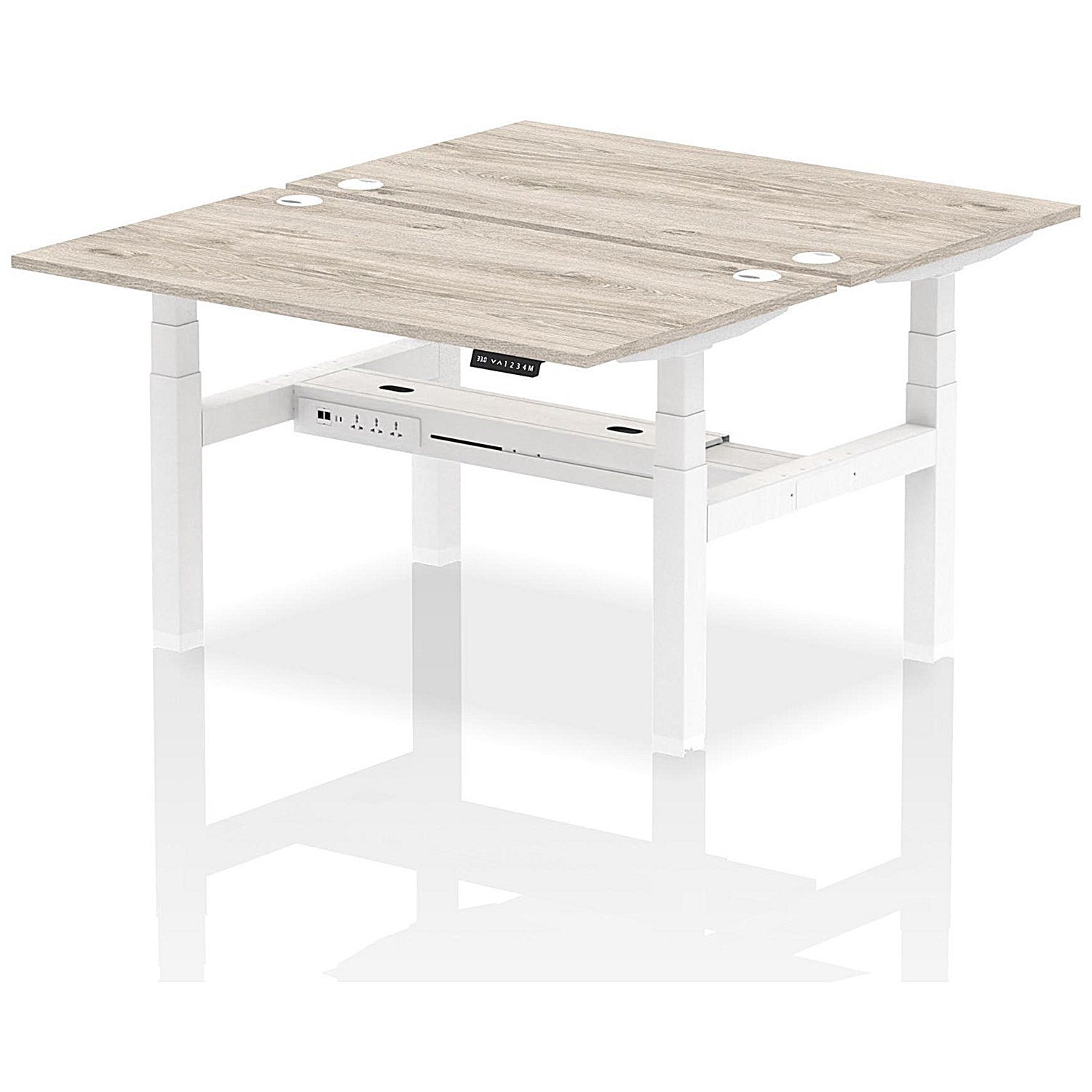 Air 2 Person Sit-Standing Bench Desk, Back to Back, 2 x 1400mm (800mm Deep), White Frame, Grey Oak Easy2Order : HA01978