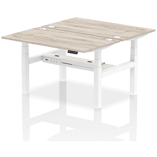 Air 2 Person Sit-Standing Bench Desk, Back to Back, 2 x 1400mm (800mm Deep), White Frame, Grey Oak Easy2Order : HA01978