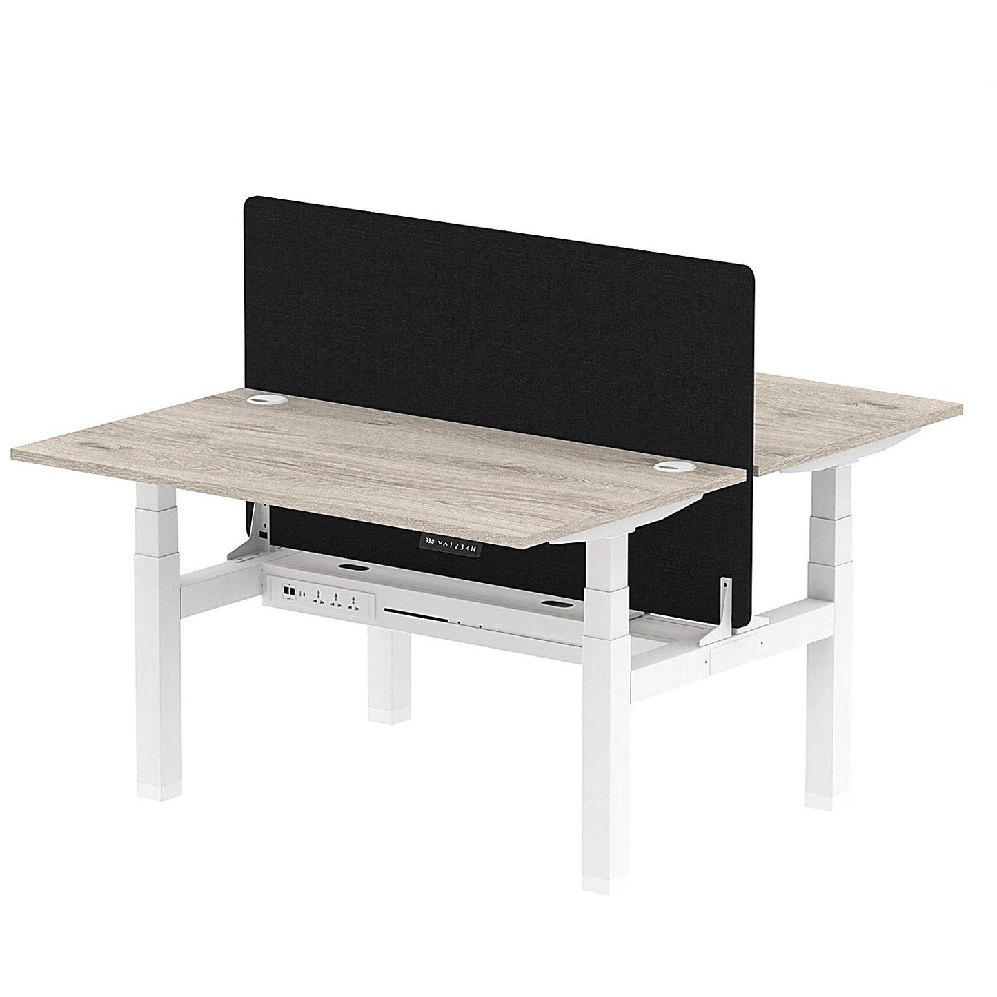 Air 2 Person Sit-Standing Bench Desk with Black Straight Screen, Back to Back, 2 x 1400mm (800mm Deep), White Frame, Grey Oak Easy2Order : HA01979