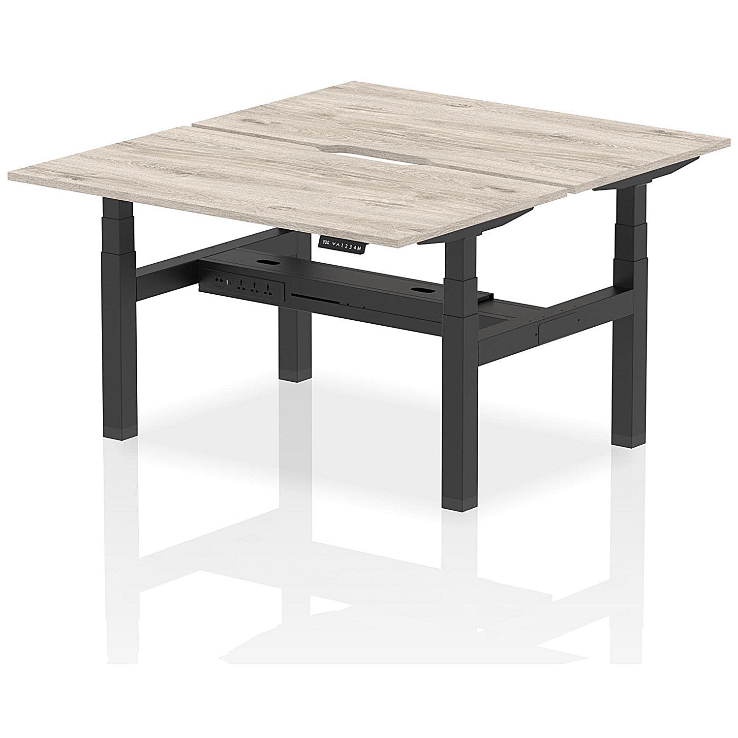 Air 2 Person Sit-Standing Scalloped Bench Desk, Back to Back, 2 x 1400mm (800mm Deep), Black Frame, Grey Oak Easy2Order : HA01980