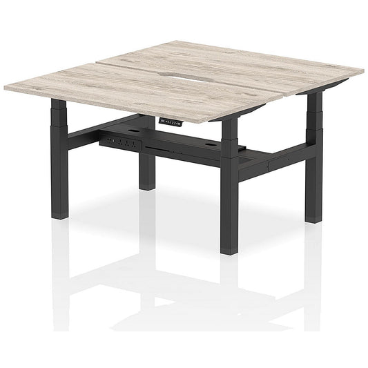 Air 2 Person Sit-Standing Scalloped Bench Desk, Back to Back, 2 x 1400mm (800mm Deep), Black Frame, Grey Oak Easy2Order : HA01980